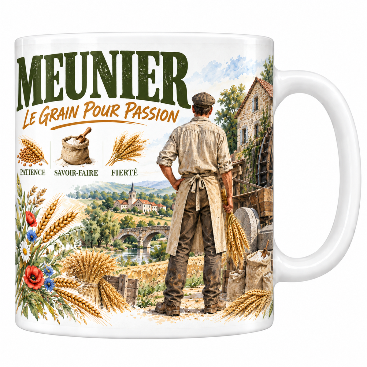 Mug meunier en céramique blanche 330 ml, aquarelle champêtre, le mot MEUNIER en grand et la mention manuscrite Le Grain pour Passion, un meunier vu de dos devant son moulin à eau, trois valeurs patience, savoir-faire, fierté