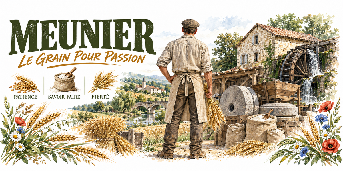 Aquarelle meunier : le mot MEUNIER en capitales vert foncé et la mention manuscrite Le Grain pour Passion, un meunier en chemise claire, tablier et casquette plate vu de dos, gerbe de blé à la main, moulin à eau en pierre et sa roue à aubes, cascade, meule de pierre posée à plat et sacs de farine, pont de pierre et village au loin, trois vignettes — épis patience, sac de farine savoir-faire, gerbe fierté — et une bordure d'épis, de coquelicots et de bleuets