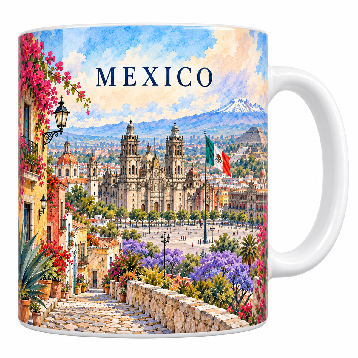 Mug en céramique blanche 330 ml illustré à l'aquarelle de Mexico : les jacarandas en fleur, la cathédrale métropolitaine, le Zócalo et le volcan enneigé