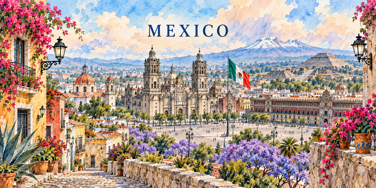 Illustration aquarelle de Mexico : un agave et des bougainvillées, les jacarandas violets, les maisons coloniales, la cathédrale, le Zócalo et son drapeau, le Palais national et le volcan
