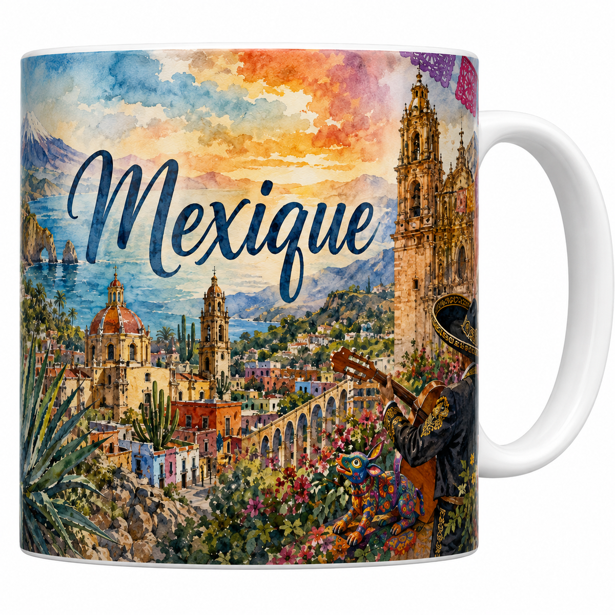 Mug céramique 330 ml Mexique aquarelle : Chichén Itzá, agave bleu et mariachi