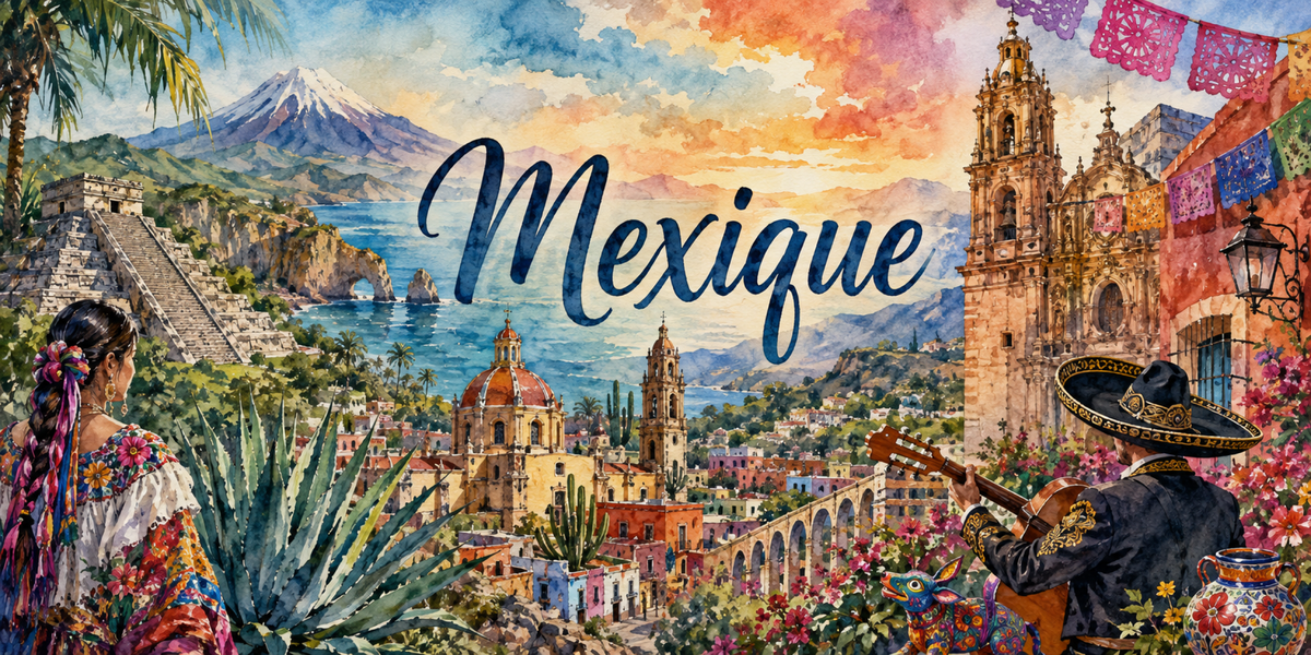 Visuel Mexique aquarelle : Chichén Itzá, agave bleu, papel picado, mariachi et Talavera