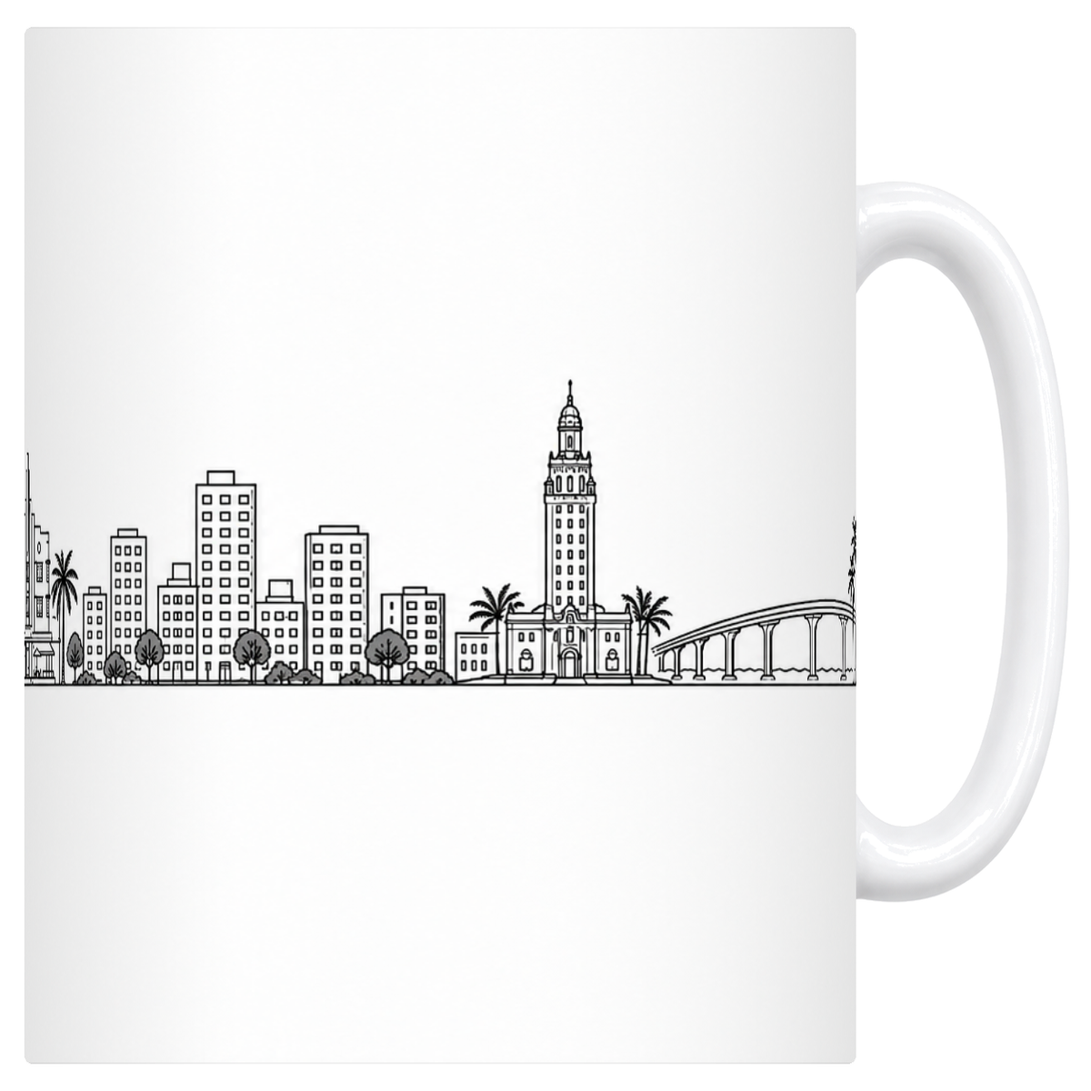 Mug blanc en céramique 330 ml illustré du skyline de Miami au trait noir : les hôtels Art déco de South Beach, les immeubles du centre, la Freedom Tower et le pont courbe