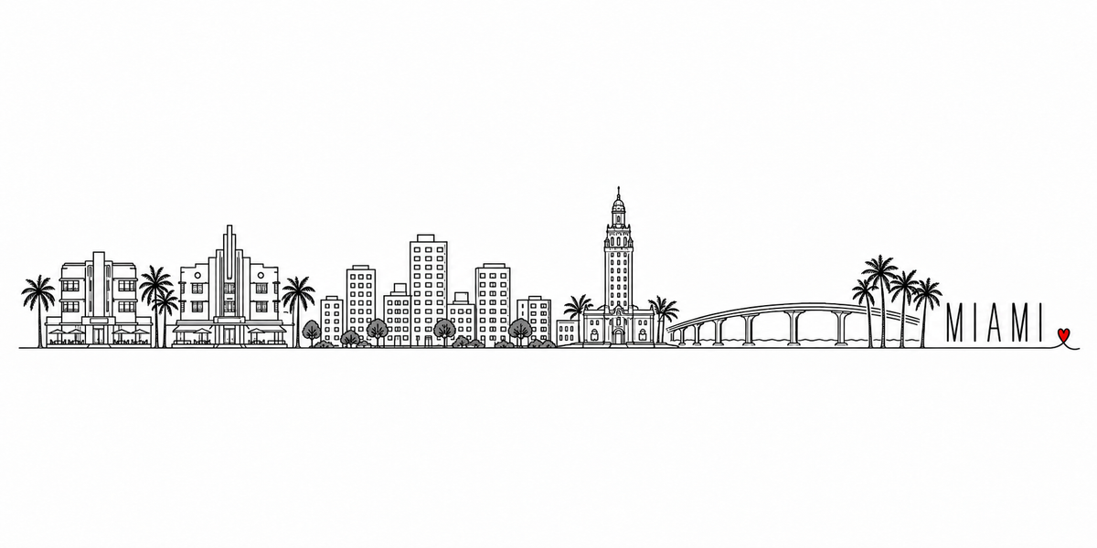 Skyline de Miami dessiné au trait noir continu, de gauche à droite : les hôtels Art déco de South Beach et leurs auvents, les palmiers, les immeubles du centre et les arbres, la Freedom Tower et son campanile, le pont courbe sur la baie et les palmiers — avec le nom MIAMI en capitales espacées et un petit cœur rouge