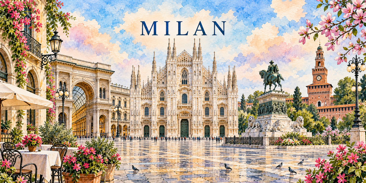 Illustration aquarelle de Milan : l'arc de la Galleria, le Duomo, la statue équestre de Victor-Emmanuel, la tour crénelée du Castello Sforzesco, une terrasse de café et des cerisiers en fleurs