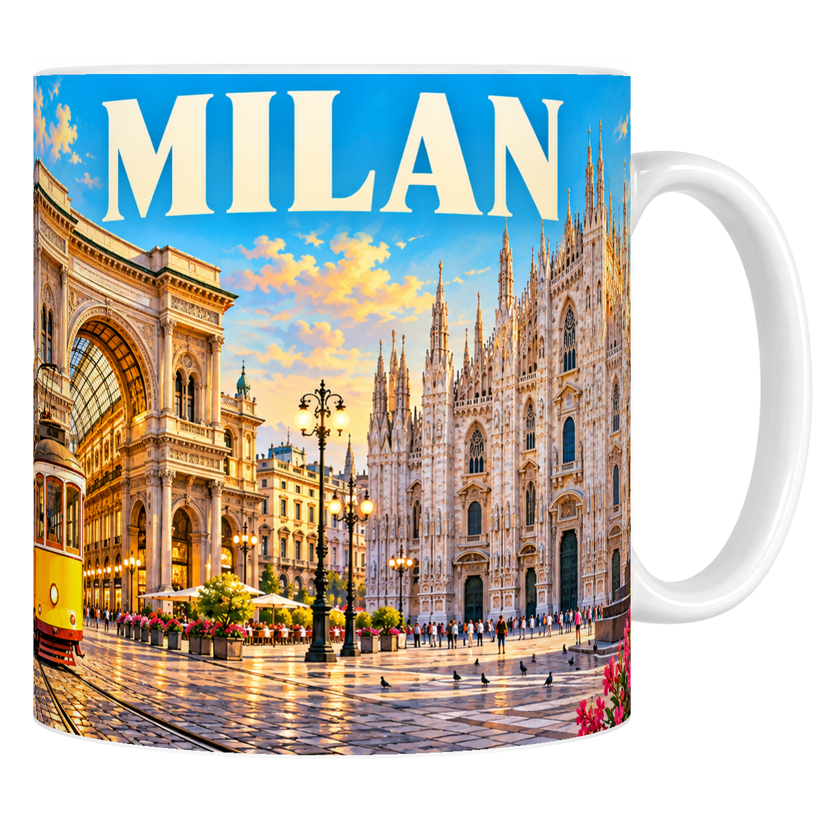 Mug céramique 330 ml « MILAN » : Duomo en marbre blanc, Galleria et tram jaune