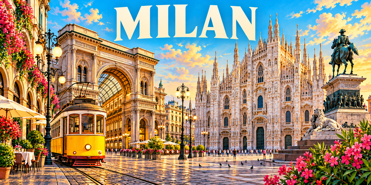 Visuel « MILAN » : arc de la Galleria Vittorio Emanuele, Duomo, tram jaune et statue équestre