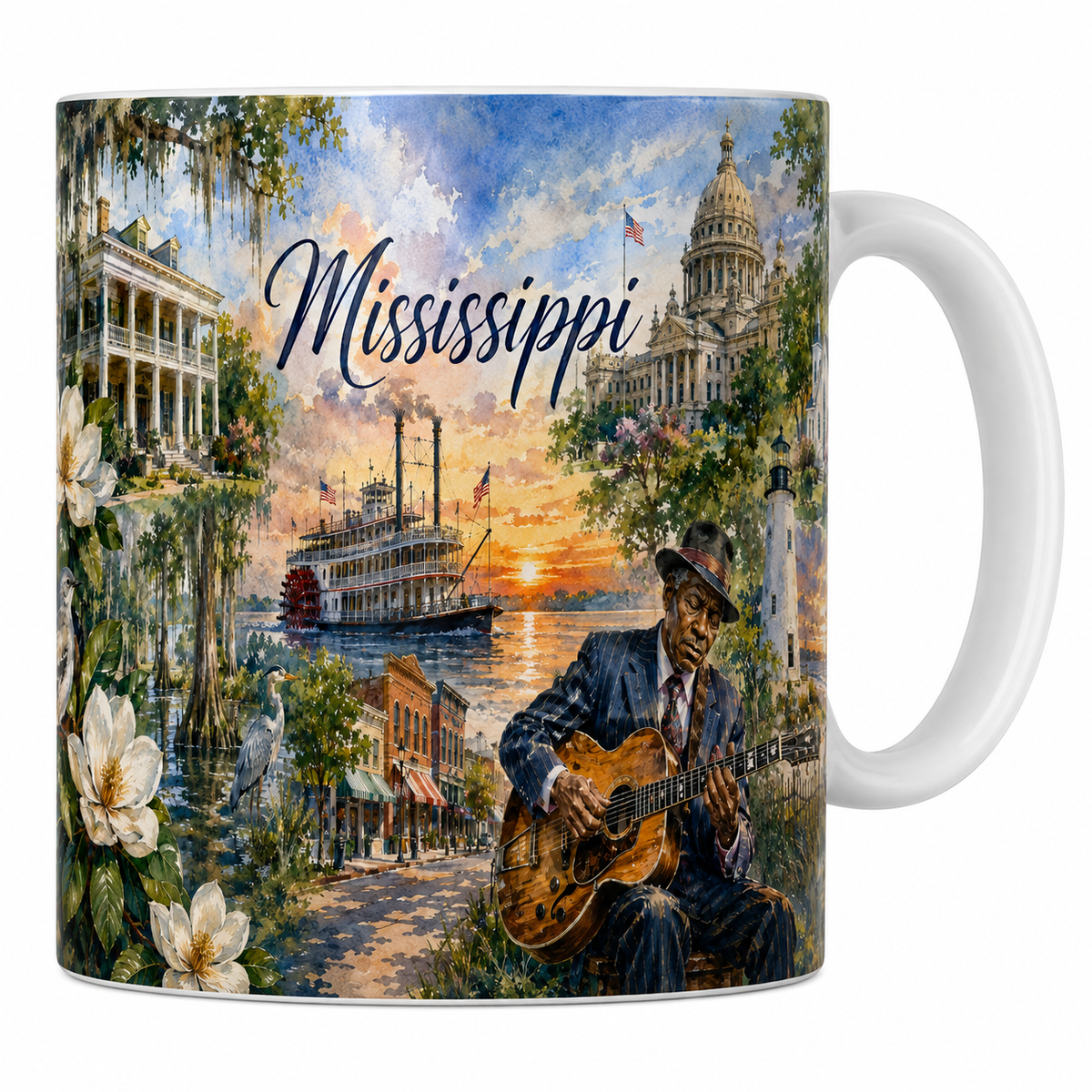 Mug blanc céramique 330 ml imprimé Mississippi, demeure du Sud et bateau à aubes