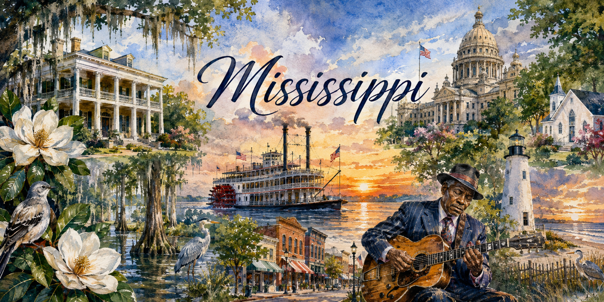 Aquarelle Mississippi : demeure à colonnes, cyprès, bateau à aubes, bluesman à la guitare et magnolias
