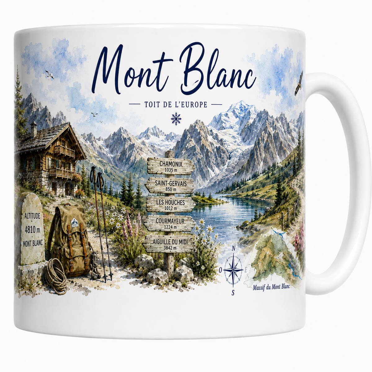 Mug céramique blanc Mont Blanc « Toit de l'Europe » : borne 4810 m, chalet et lac de montagne en aquarelle
