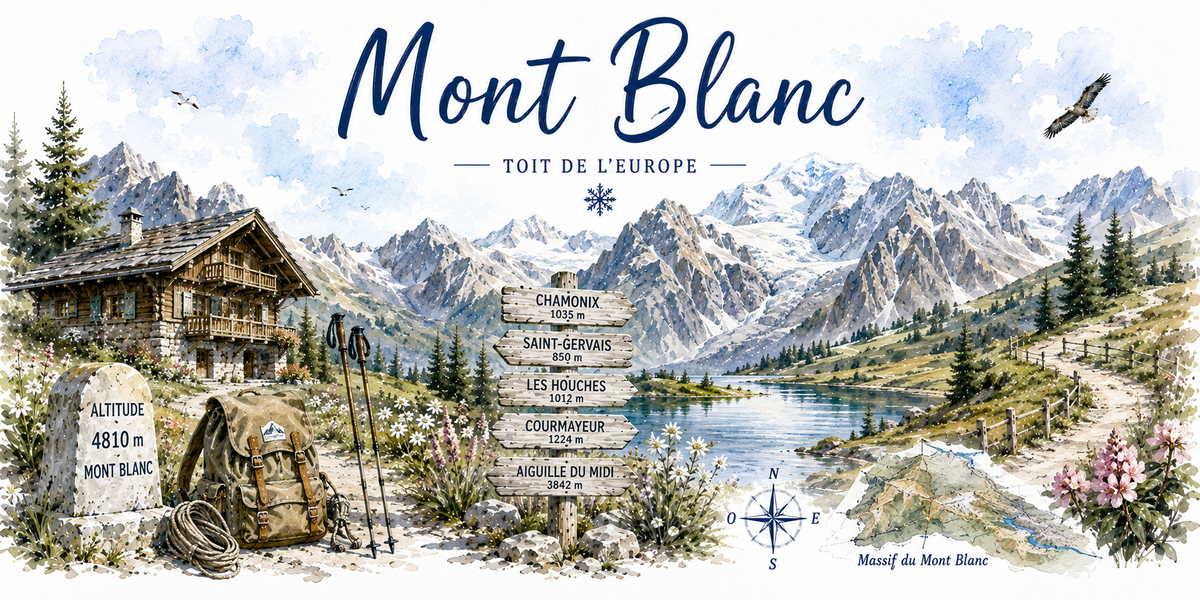 Design du mug Mont Blanc : panneaux Chamonix, Saint-Gervais, Les Houches, Courmayeur et Aiguille du Midi 3842 m