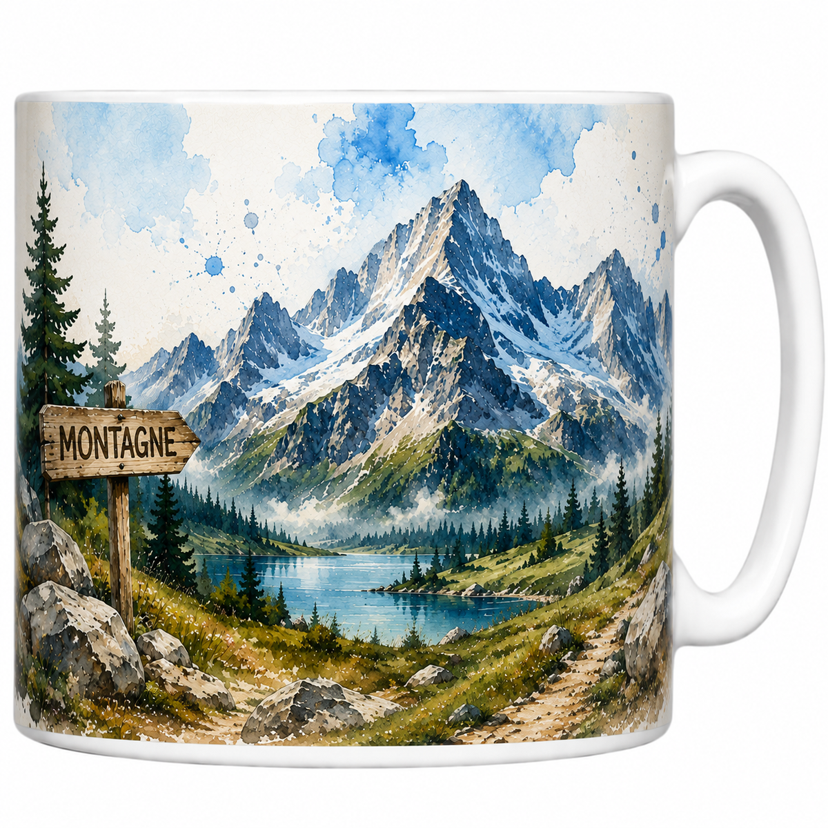 Mug céramique 330 ml montagne aquarelle : massif enneigé, lac d'altitude et forêt de sapins