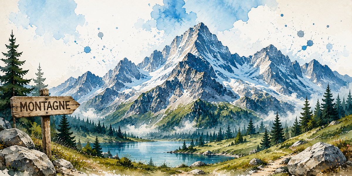 Visuel montagne aquarelle : sommets enneigés, lac turquoise, sapins et panneau de bois « Montagne »