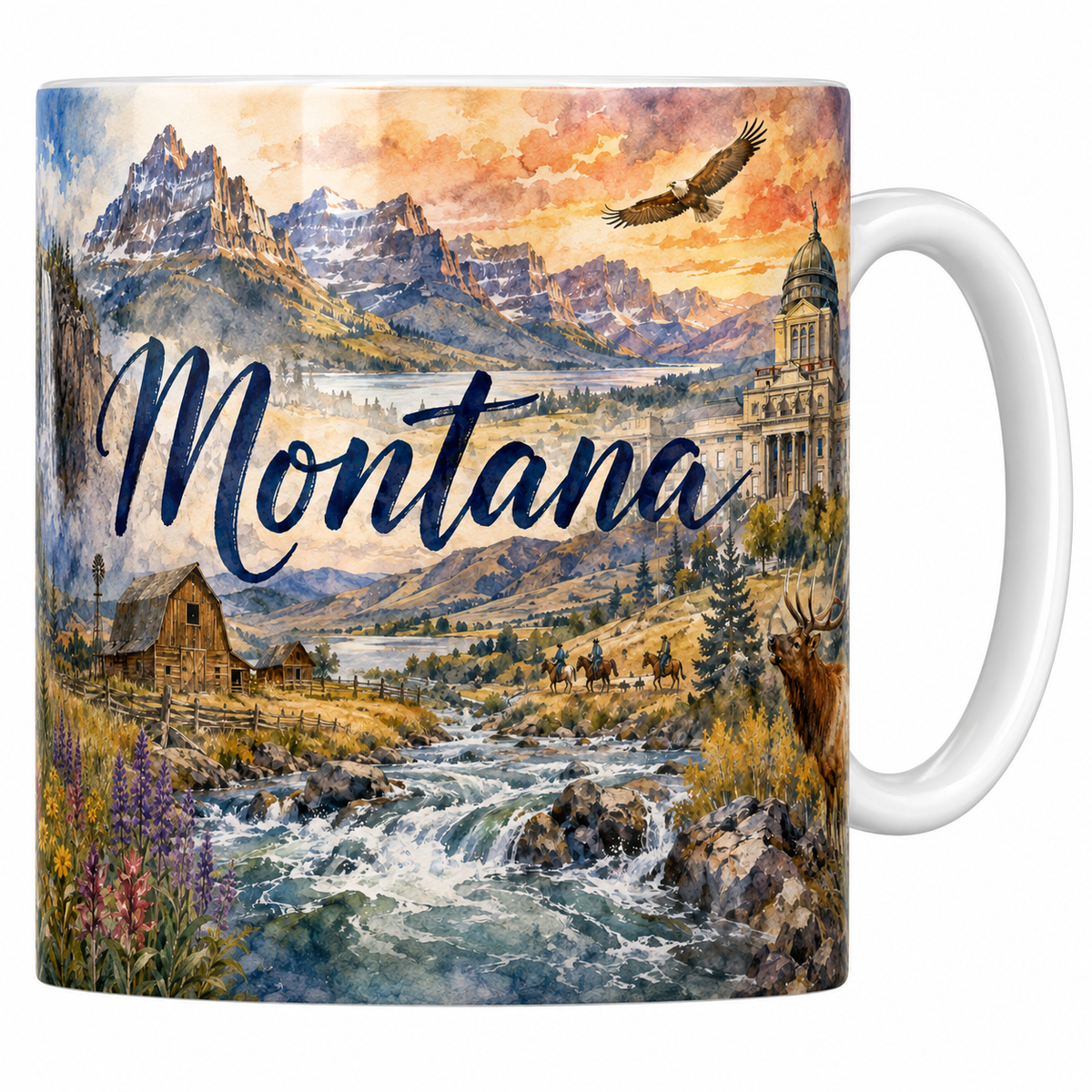 Mug blanc céramique 330 ml imprimé Montana, parc Glacier et grizzly