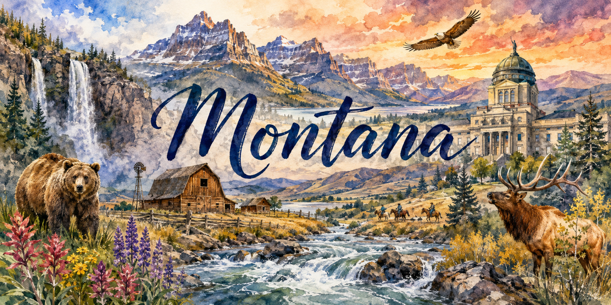 Aquarelle Montana : pics du parc Glacier, cascade, grange rouge, grizzly, wapiti et pygargue