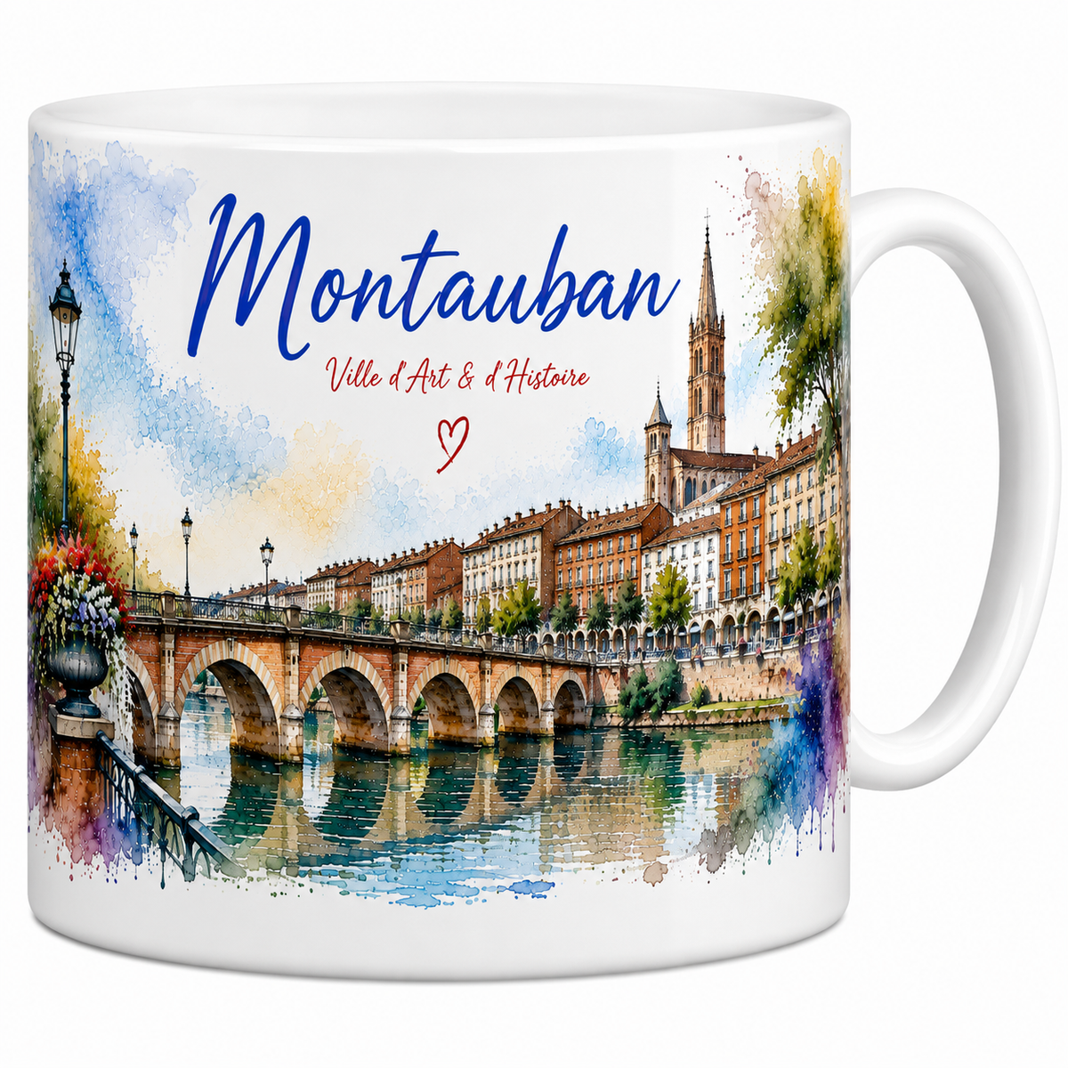 Mug céramique blanc Montauban Ville d'Art & d'Histoire : Pont Vieux en brique rose sur le Tarn en aquarelle