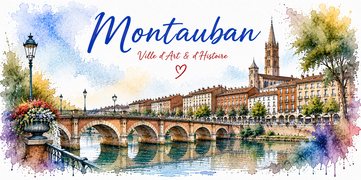 Design du mug Montauban : Pont Vieux en brique rose, clocher Saint-Jacques sur le Tarn, texte « Ville d'Art & d'Histoire »