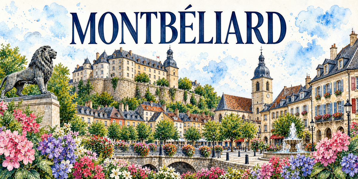 Montbéliard en aquarelle : lion sculpté, château des ducs de Wurtemberg, clocher du temple et façades colorées