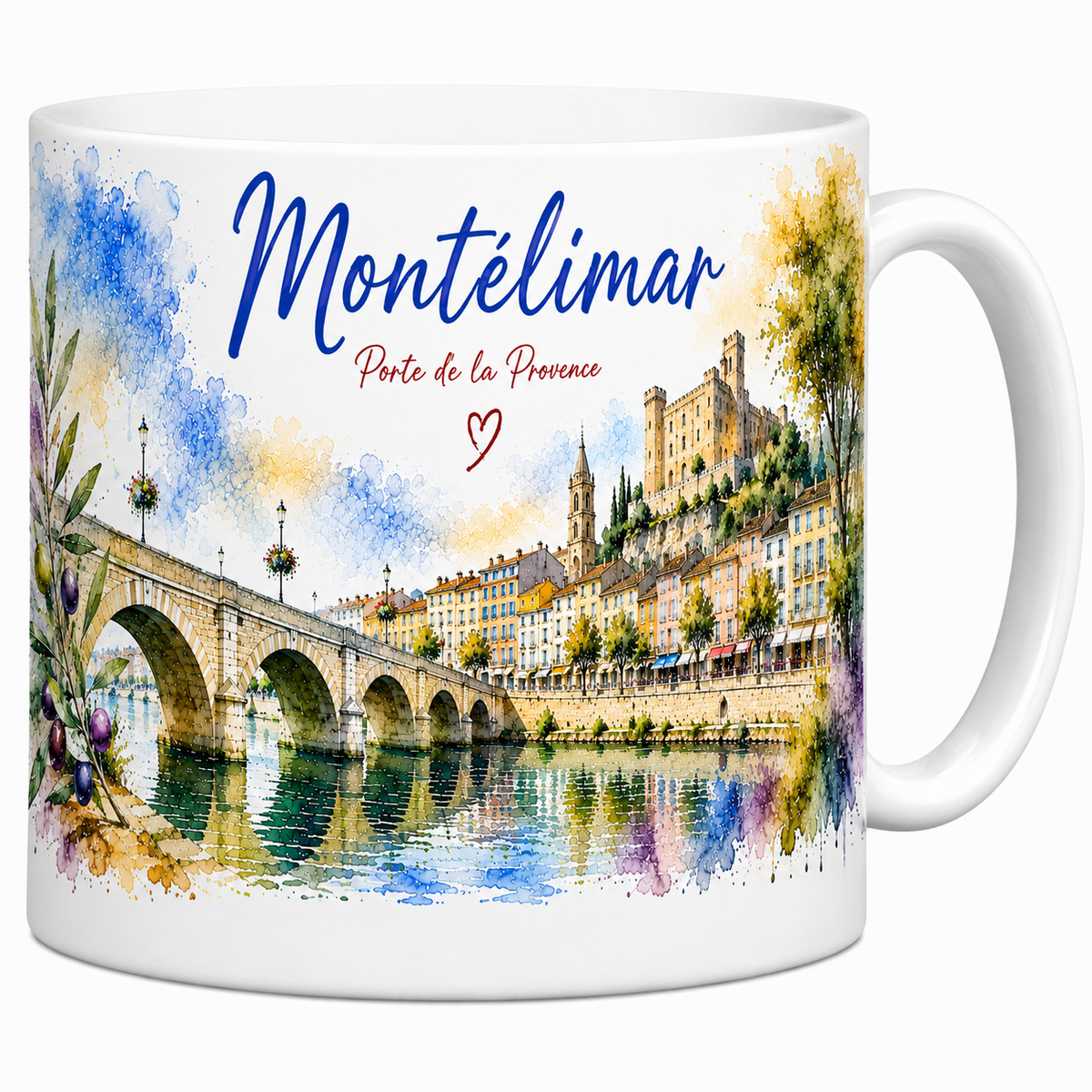 Mug céramique blanc Montélimar Porte de la Provence : château des Adhémar, pont et rameau d'olivier en aquarelle