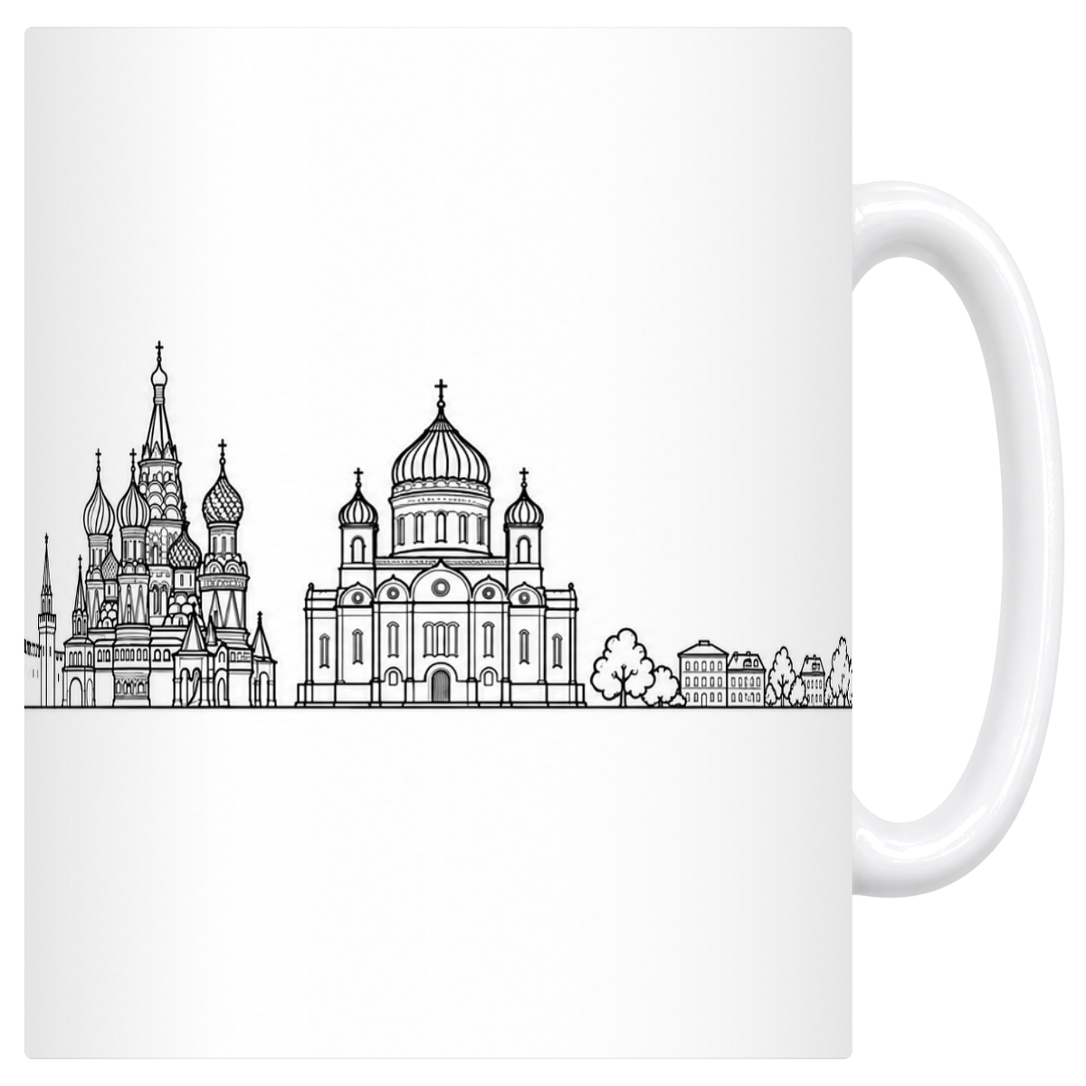 Mug blanc en céramique 330 ml illustré du skyline de Moscou au trait noir : la tour du Kremlin et son horloge, la muraille crénelée, la cathédrale à bulbes et la cathédrale à coupole dorée