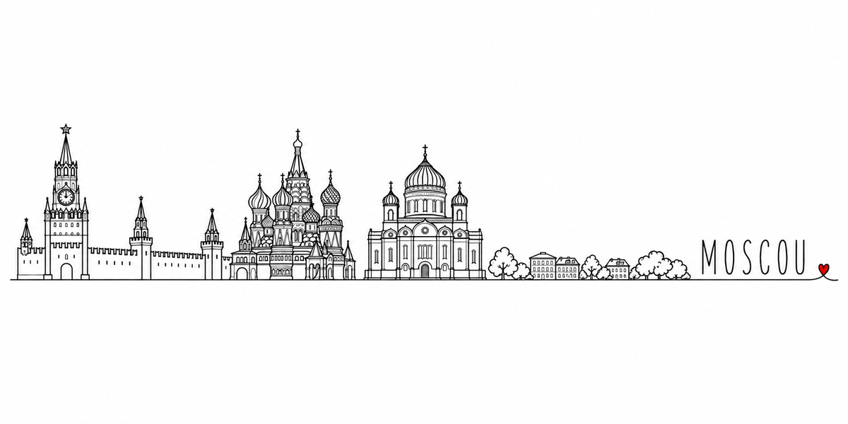 Skyline de Moscou dessiné au trait noir continu, de gauche à droite : la tour du Kremlin surmontée de son étoile et de son horloge, la muraille crénelée et ses tours, la cathédrale et ses bulbes torsadés, la grande cathédrale à coupole centrale et ses quatre clochers, les maisons basses et les arbres — avec le nom MOSCOU en capitales espacées et un petit cœur rouge