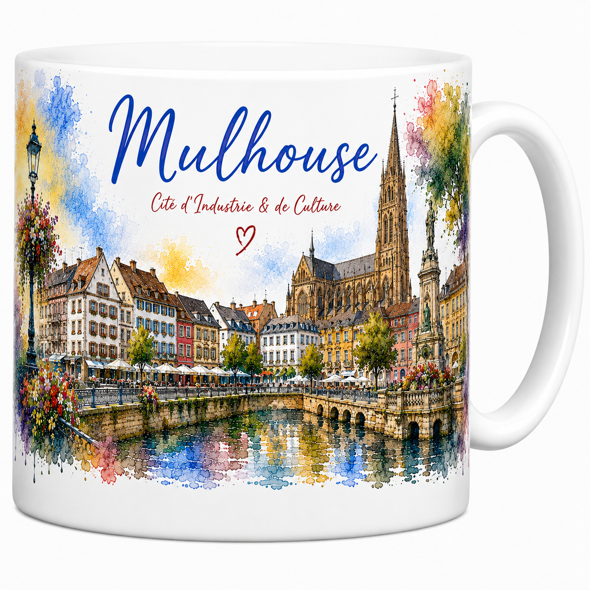 Mug céramique blanc Mulhouse Cité d'Industrie & de Culture : temple Saint-Étienne et façades colorées en aquarelle