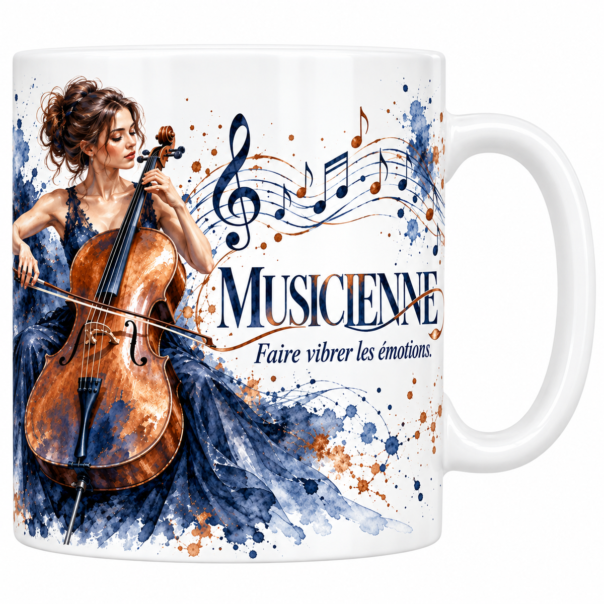 Mug musicienne en céramique blanche 330 ml, le mot MUSICIENNE en capitales bleu marine et la devise Faire vibrer les émotions en dessous, une violoncelliste en robe bleu lavande jouant à l'archet, une portée ondulante avec des notes bleues et cuivre