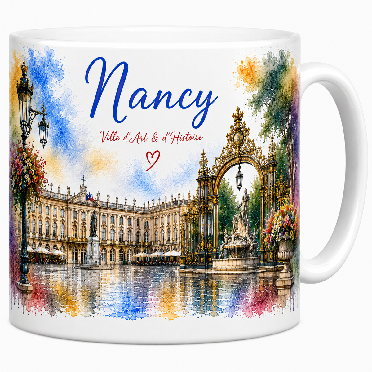 Mug céramique blanc Nancy Ville d'Art & d'Histoire : place Stanislas et grilles dorées en aquarelle