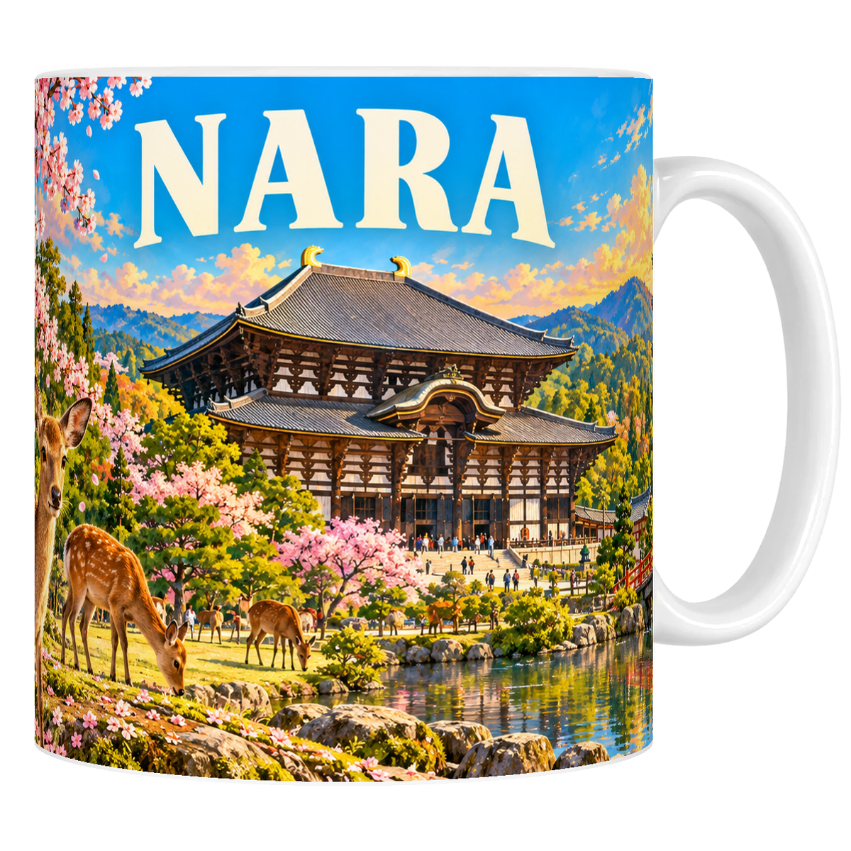Mug en céramique blanche 330 ml illustré des daims de Nara et du grand hall du Tōdai-ji, style affiche vintage