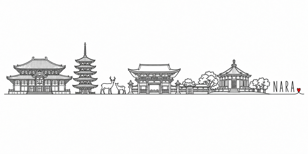 Skyline de Nara dessiné au trait noir continu, de gauche à droite : le grand pavillon de bois à double toit courbe et ses ornements en corne dorée, la pagode à cinq étages, le cerf et la biche, les lanternes de pierre et la porte-portique à deux niveaux, le mur-galerie et son toit de tuiles, les arbres, le pavillon octogonal sur sa terrasse — avec le nom NARA en capitales espacées et un petit cœur rouge