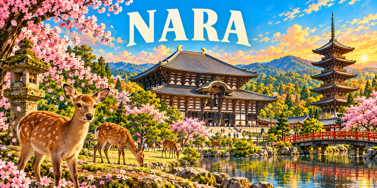 Affiche illustrée de Nara : daims sous les cerisiers en fleur, lanterne de pierre, grand hall du Tōdai-ji et pagode à cinq étages