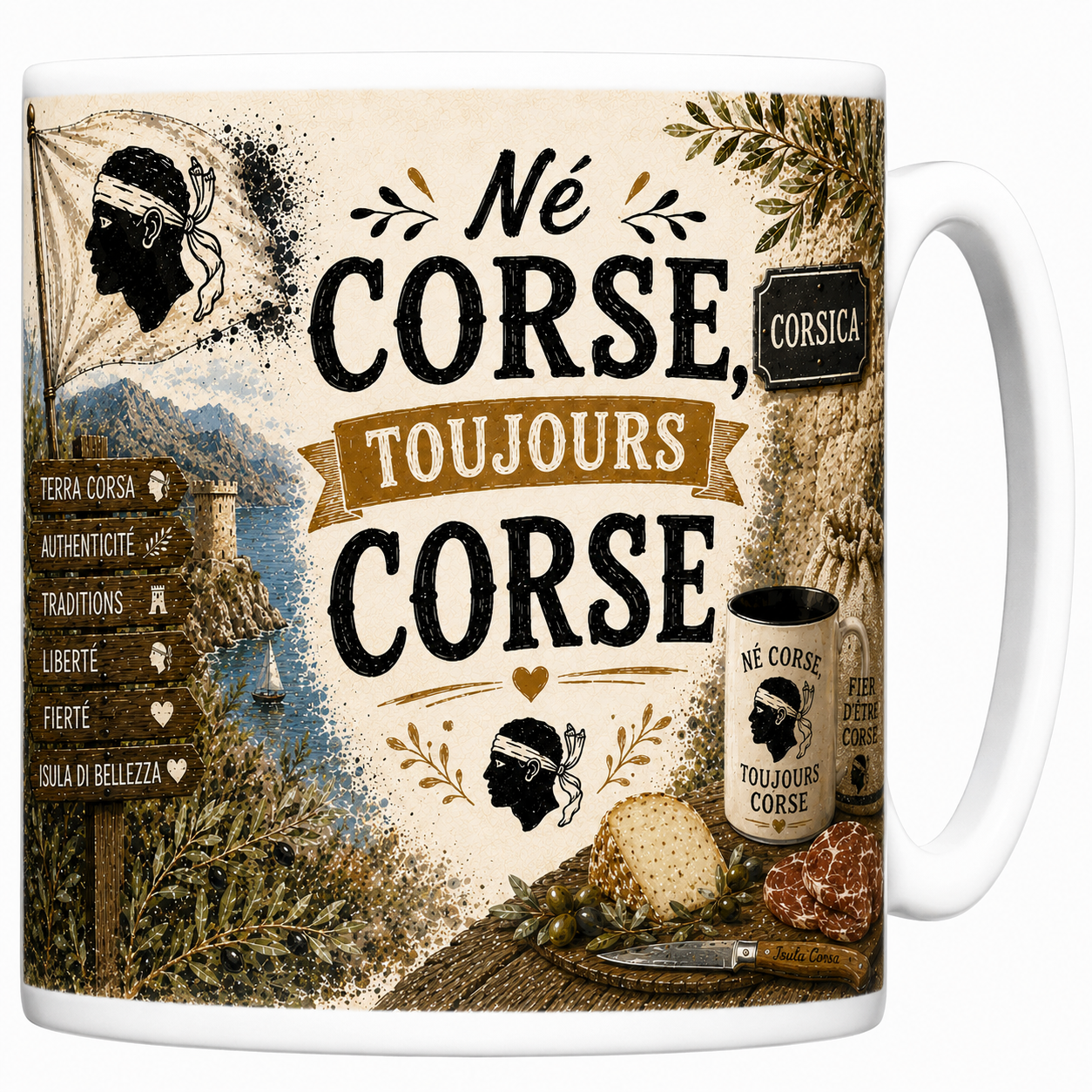 Mug Né Corse toujours Corse en céramique, tête de Maure, tour génoise et golfe