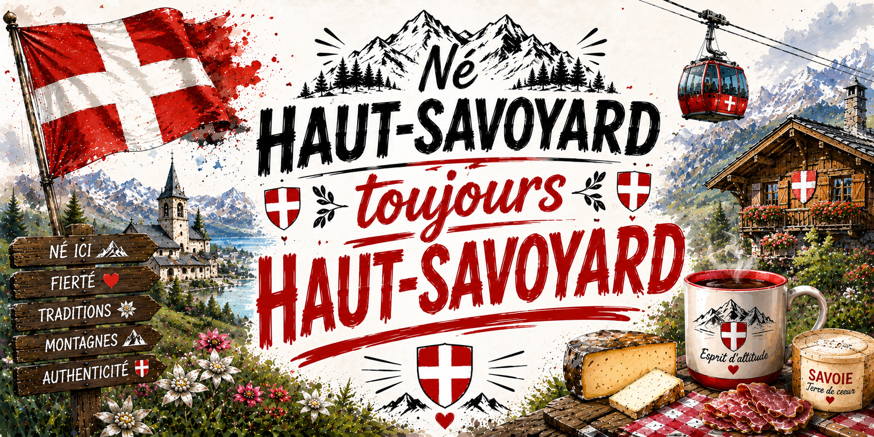 Visuel Né Haut-Savoyard toujours Haut-Savoyard : clocher au bord du lac, mug Esprit d'altitude et tomme