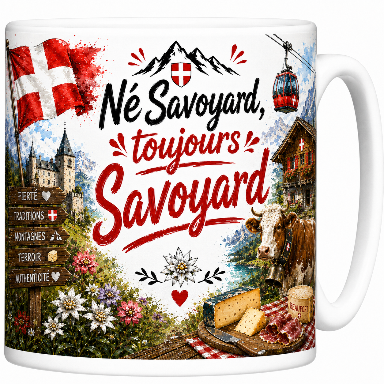 Mug Né Savoyard toujours Savoyard en céramique, croix de Savoie, vache et Beaufort imprimés