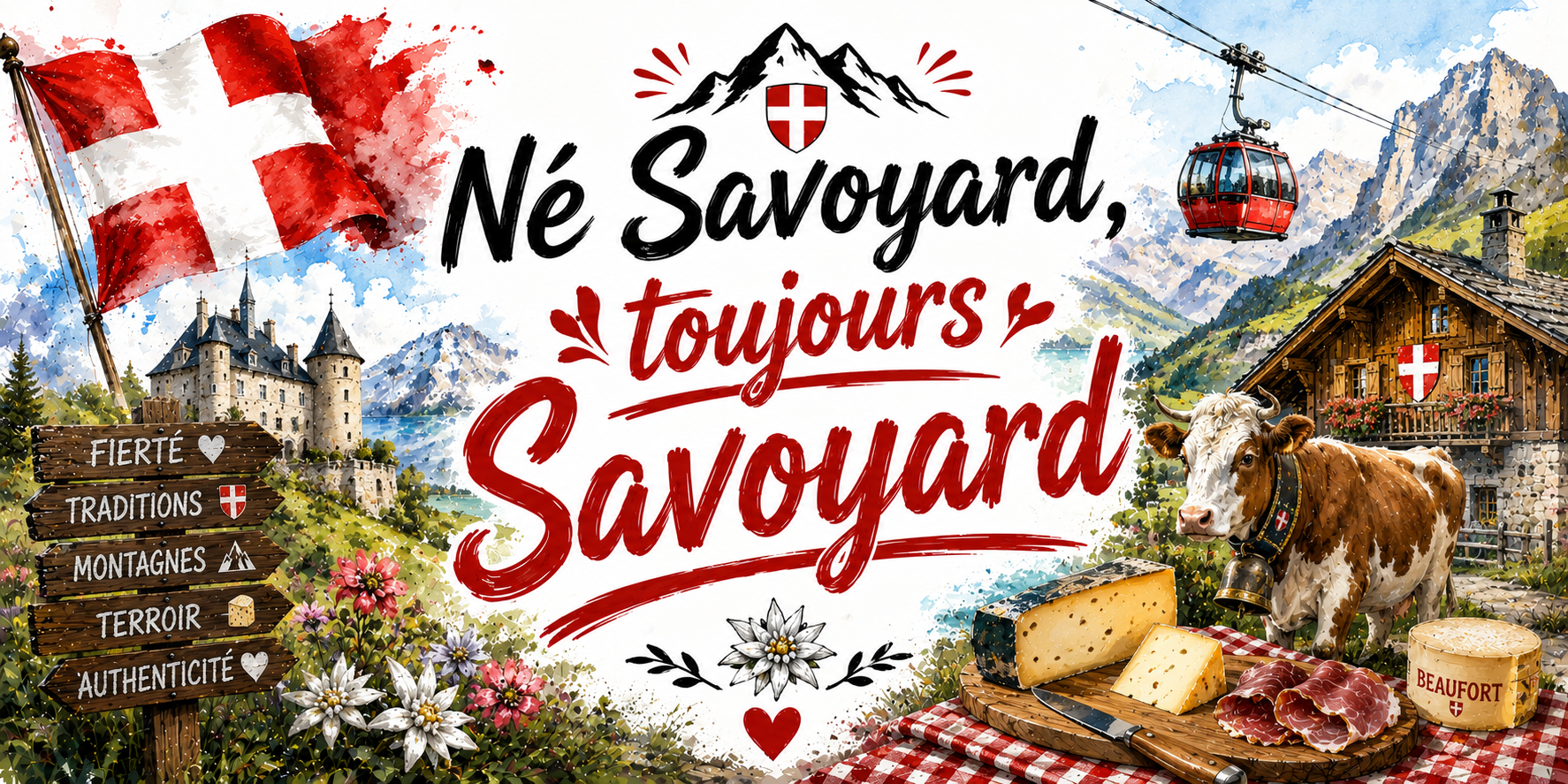 Visuel Né Savoyard toujours Savoyard : château, vache d'Abondance, Beaufort, télécabine et edelweiss