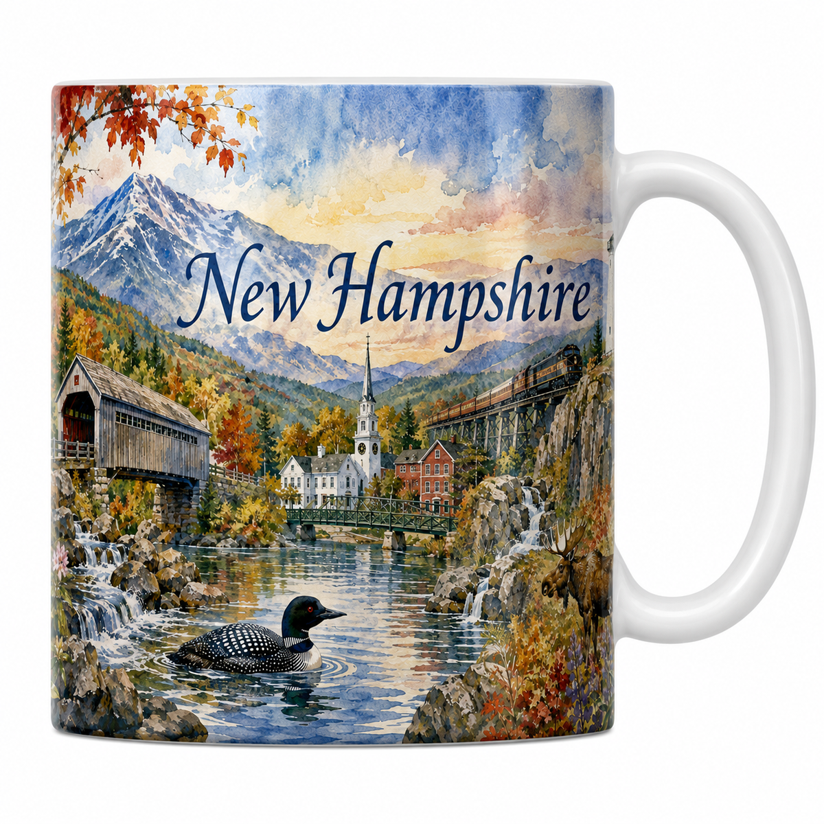 Mug blanc céramique 330 ml imprimé New Hampshire, mont Washington et pont couvert