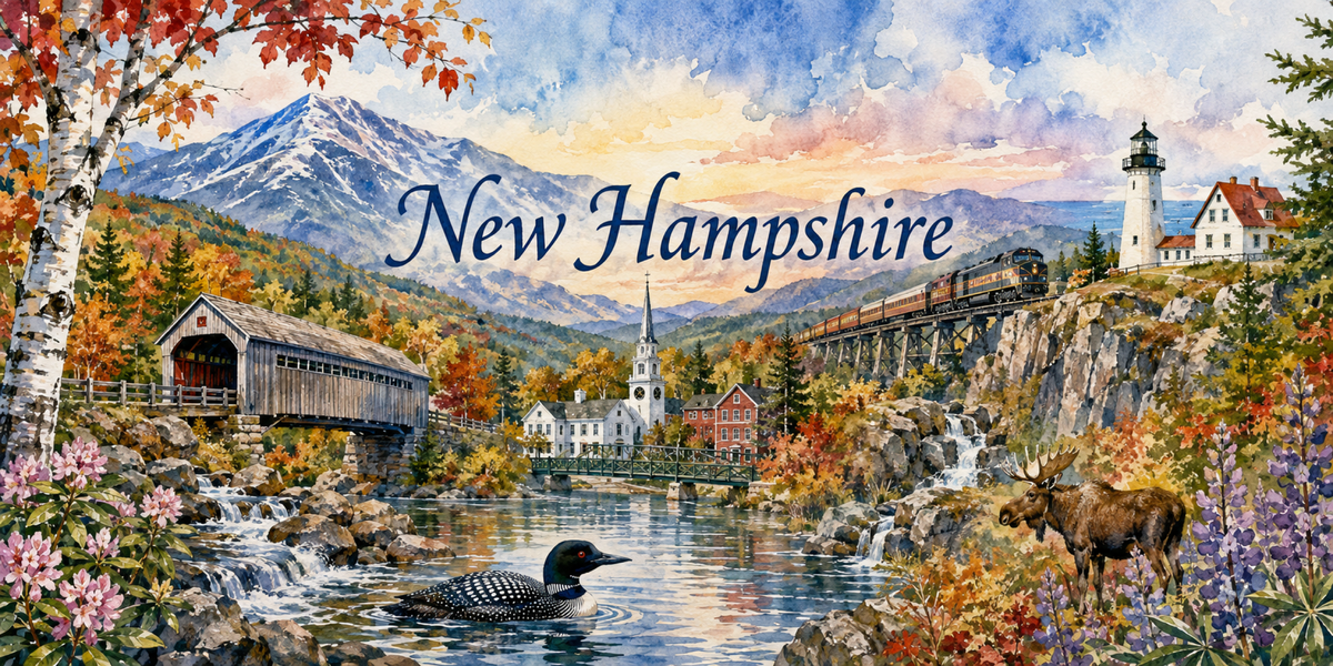 Aquarelle New Hampshire : mont Washington, pont couvert rouge, église blanche, orignal et huard