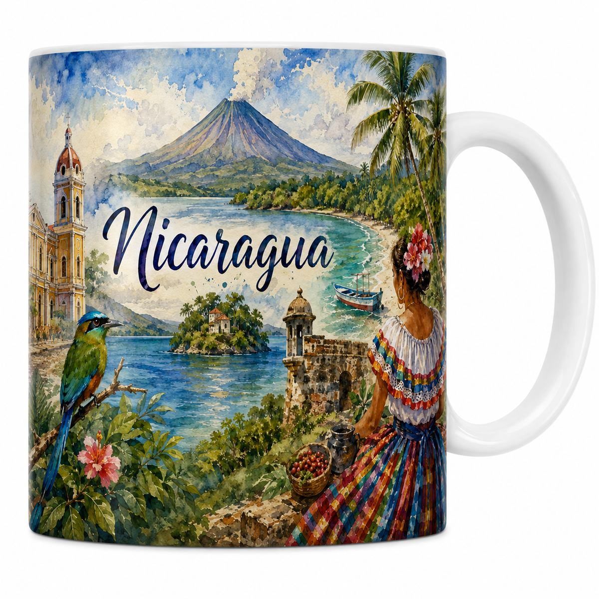 Mug céramique 330 ml Nicaragua aquarelle : cathédrale de Granada, volcan et calèche