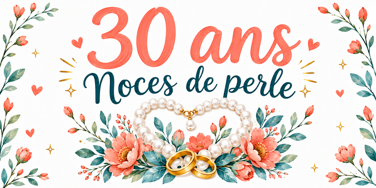 Visuel Noces de perle : « 30 ans » en corail, collier de perles en cœur et fleurs corail