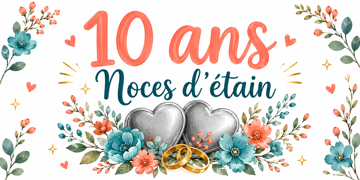 Visuel Noces d'étain : « 10 ans » en corail, cœurs d'étain argenté et fleurs turquoise