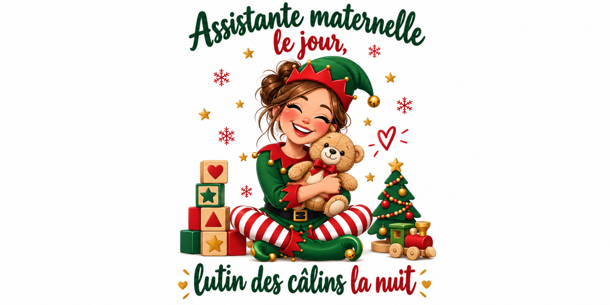 Visuel à plat du mug de Noël « Assistante maternelle le jour, lutin des câlins la nuit », lettrage rouge et vert sapin sur fond blanc