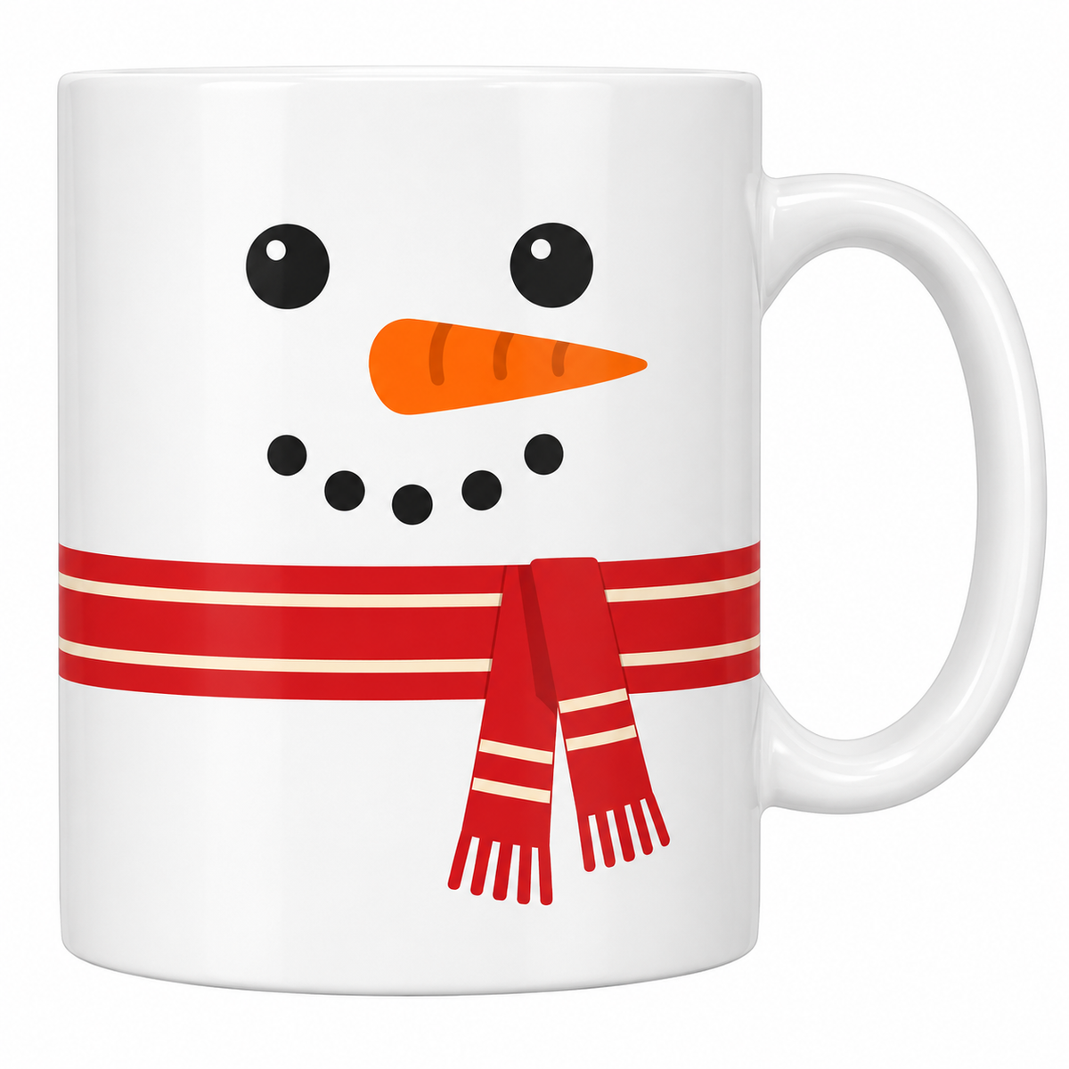 Mug blanc céramique de Noël Bonhomme de Neige : deux yeux noirs, un nez carotte et un sourire en pointillés sur le haut du mug, et une écharpe rouge rayée qui fait tout le tour, avec ses deux pans à franges