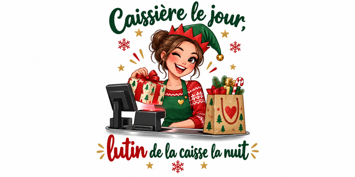 Visuel à plat du mug de Noël « Caissière le jour, lutin de la caisse la nuit », lettrage rouge et vert sapin sur fond blanc