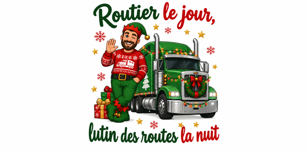 Visuel à plat du mug de Noël « Routier le jour, lutin des routes la nuit », lettrage rouge et vert sapin sur fond blanc