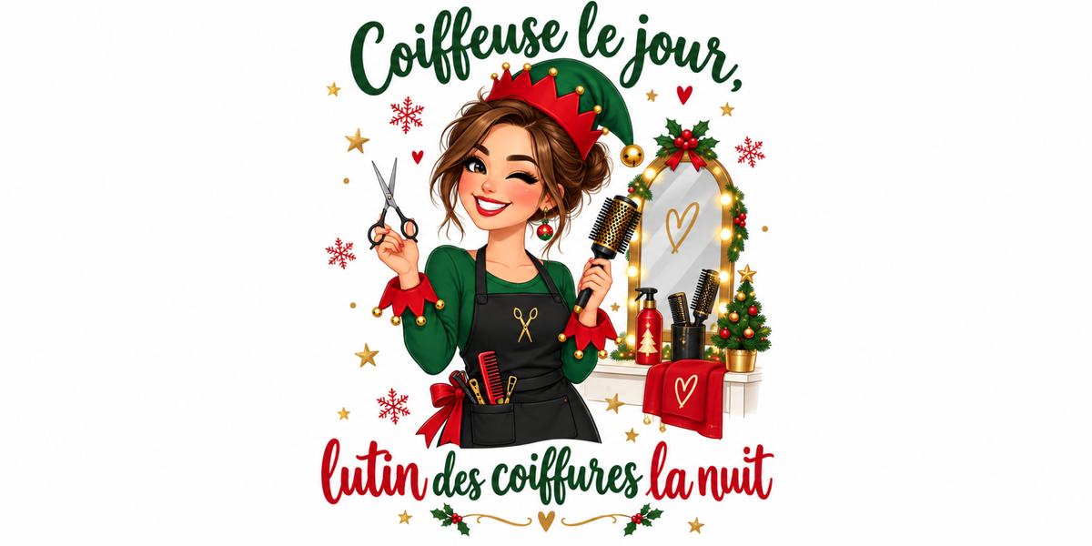 Visuel à plat du mug de Noël « Coiffeuse le jour, lutin des coiffures la nuit », lettrage rouge et vert sapin sur fond blanc