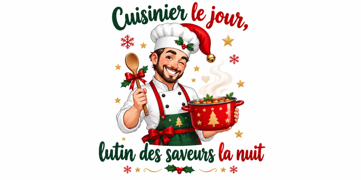 Visuel à plat du mug de Noël « Cuisinier le jour, lutin des saveurs la nuit », lettrage rouge et vert sapin sur fond blanc