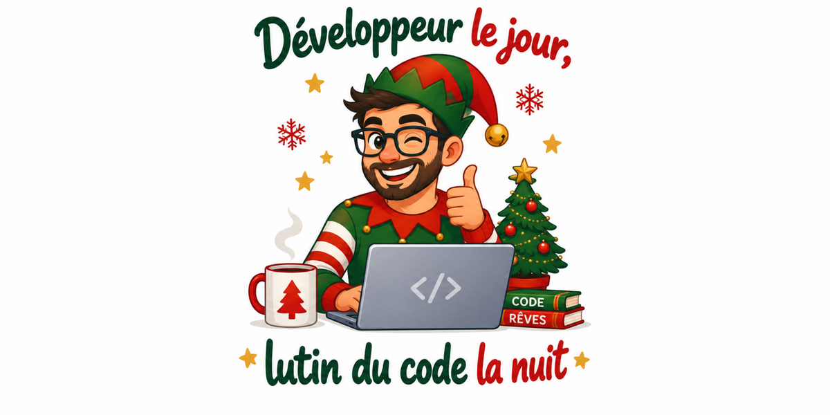 Visuel à plat du mug de Noël « Développeur le jour, lutin du code la nuit », lettrage rouge et vert sapin sur fond blanc
