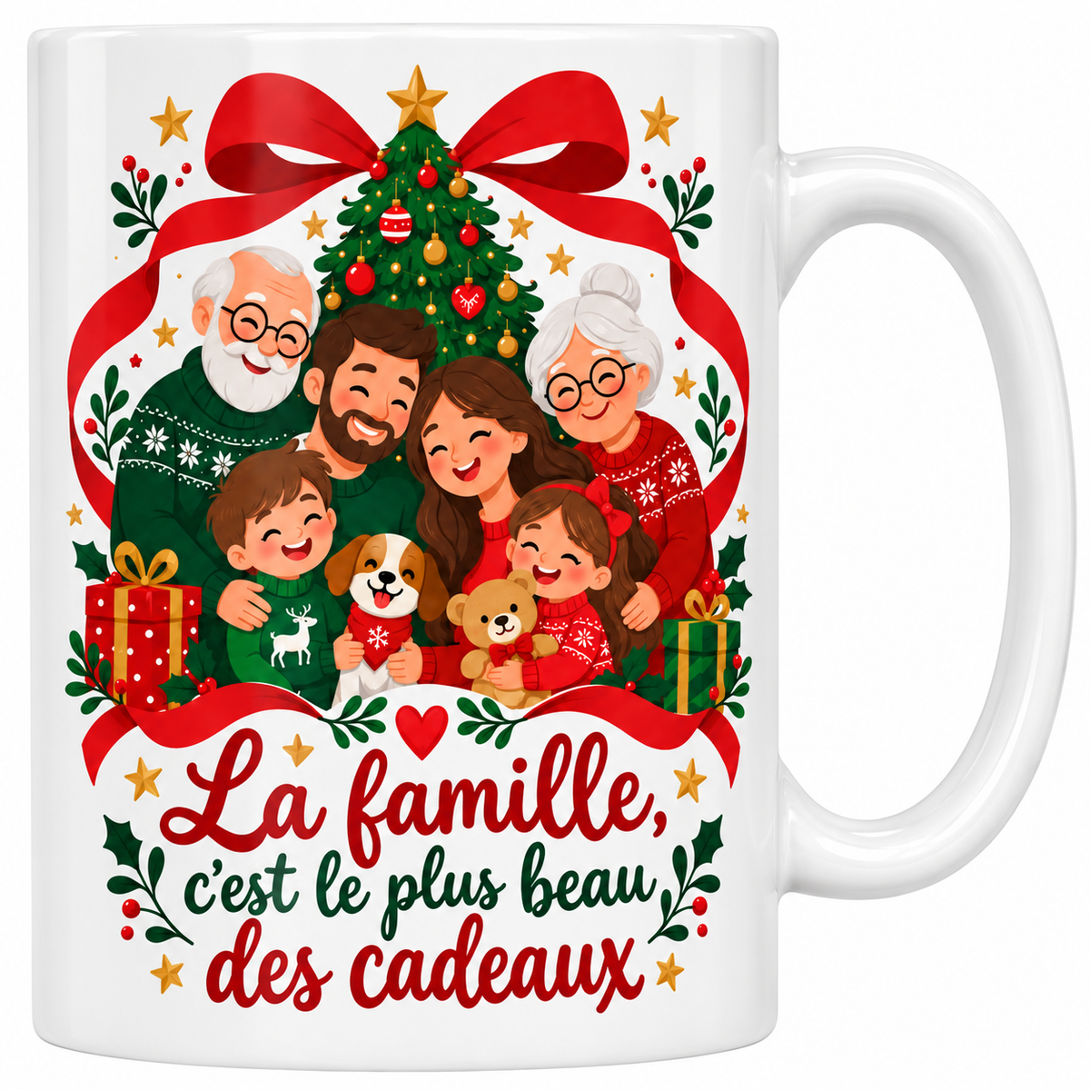 Mug blanc céramique de Noël La Famille : trois générations réunies autour du sapin, encadrées par un grand ruban rouge : grands-parents, parents, enfants, sans oublier le chien