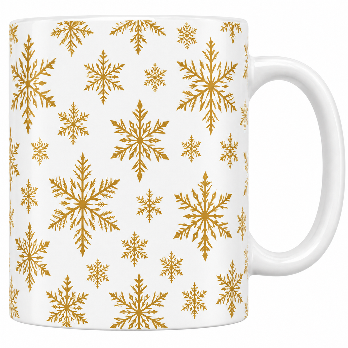 Mug blanc céramique de Noël Flocons Dorés : des flocons couleur or, de toutes les tailles, sont répartis sur tout le tour du mug blanc, pour un rendu lumineux et festif