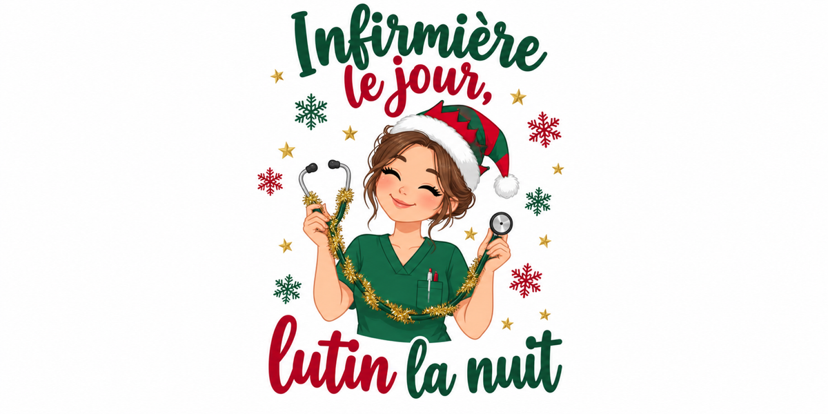 Visuel à plat du mug de Noël « Infirmière le jour, lutin la nuit », lettrage rouge et vert sapin sur fond blanc